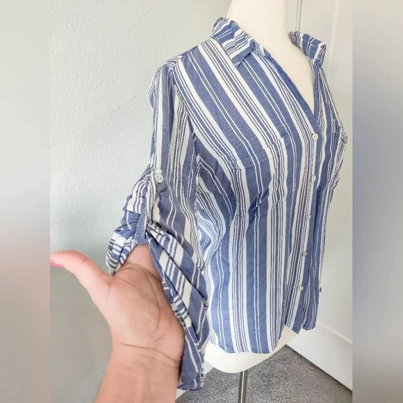 Heros & Dreamers Blue and White Striped Button Down Blouse. - Picture 7 of 10